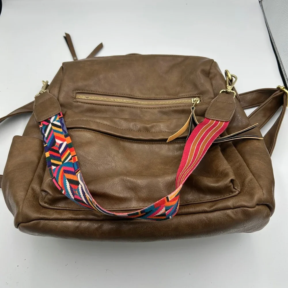 Unbranded Backpack Purse‎ Womens Medium Brown Faux Leather Guitar Strap Boho